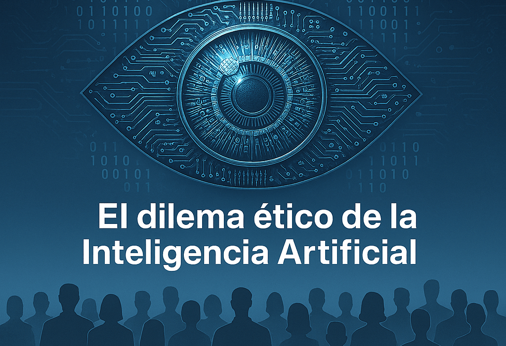 Ilustración de un ojo futurista formado por circuitos y datos, representando el dilema ético de la inteligencia artificial en empresas.