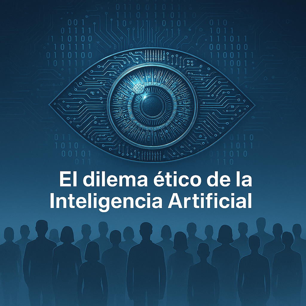 Ilustración de un ojo futurista formado por circuitos y datos, representando el dilema ético de la inteligencia artificial en empresas.