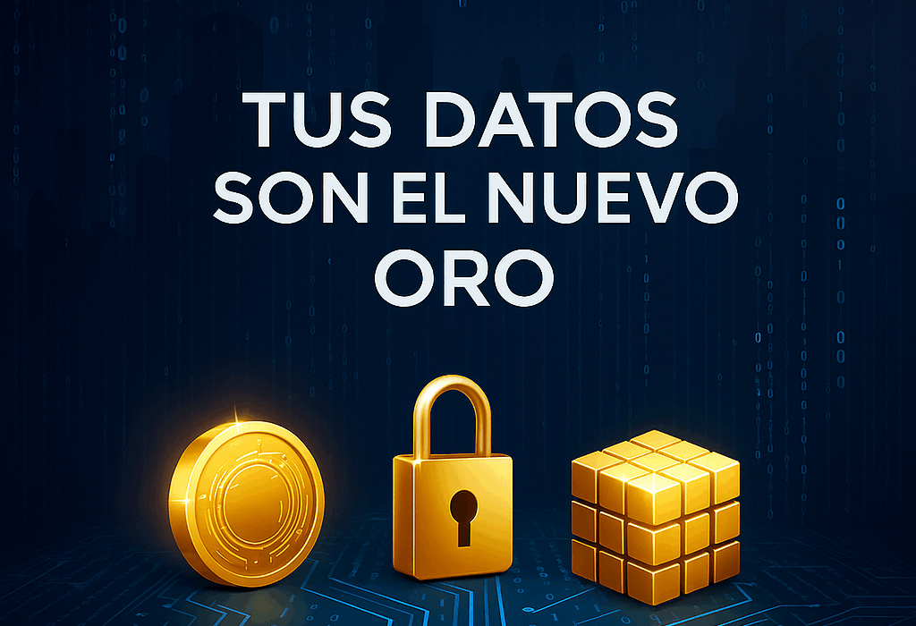 Portada de blog en tonos azules y dorados que representa los datos personales como el nuevo oro digital, con el texto en español: 'Tus datos son el nuevo oro