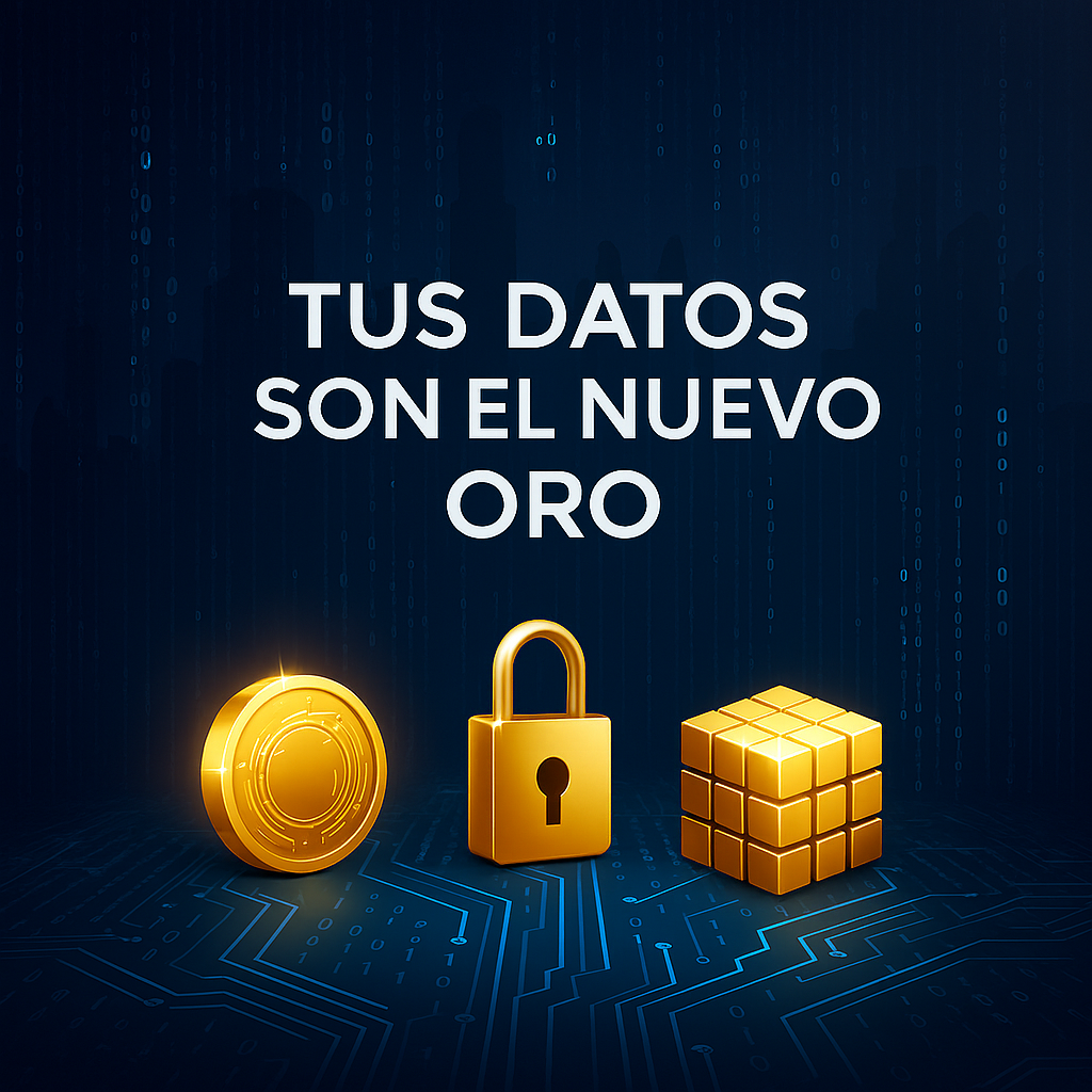 Portada de blog en tonos azules y dorados que representa los datos personales como el nuevo oro digital, con el texto en español: 'Tus datos son el nuevo oro
