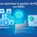 Representación visual de la gestión de PQRSD optimizada con inteligencia artificial mediante el software RINO. Muestra un entorno digital con flujos de datos, pantallas de seguimiento y el logo de RINO, destacando la reducción de errores humanos y la eficiencia institucional