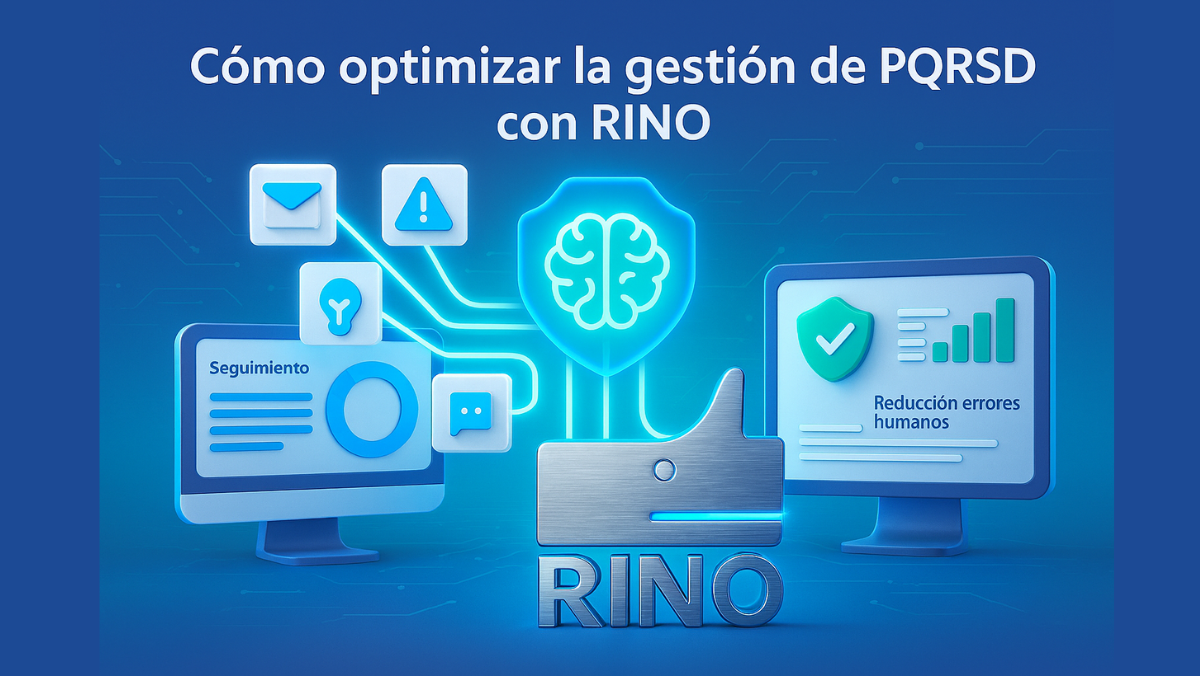 Representación visual de la gestión de PQRSD optimizada con inteligencia artificial mediante el software RINO. Muestra un entorno digital con flujos de datos, pantallas de seguimiento y el logo de RINO, destacando la reducción de errores humanos y la eficiencia institucional