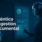 Ilustración de un agente de inteligencia artificial gestionando documentos digitales en una pantalla.