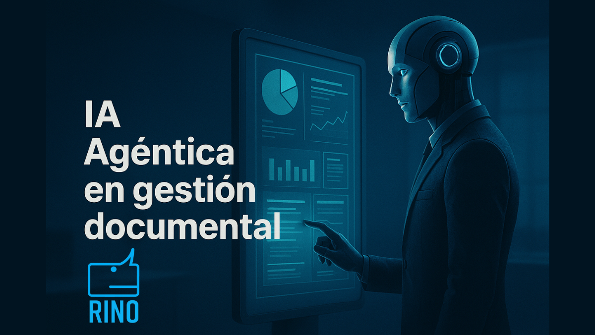 Ilustración de un agente de inteligencia artificial gestionando documentos digitales en una pantalla.