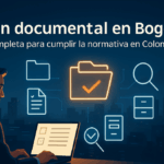 Ilustración cinematográfica de una oficina moderna en Bogotá con una persona trabajando en un computador rodeada de íconos de gestión documental.