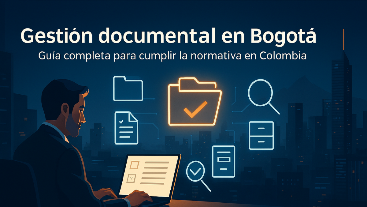 Ilustración cinematográfica de una oficina moderna en Bogotá con una persona trabajando en un computador rodeada de íconos de gestión documental.