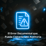 Imagen cinematográfica de un archivo desordenado con documentos cayendo y alertas rojas que simbolizan errores de gestión documental.