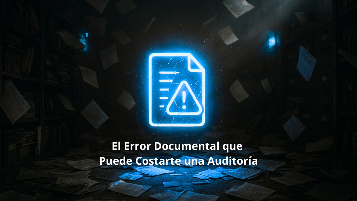 Imagen cinematográfica de un archivo desordenado con documentos cayendo y alertas rojas que simbolizan errores de gestión documental.