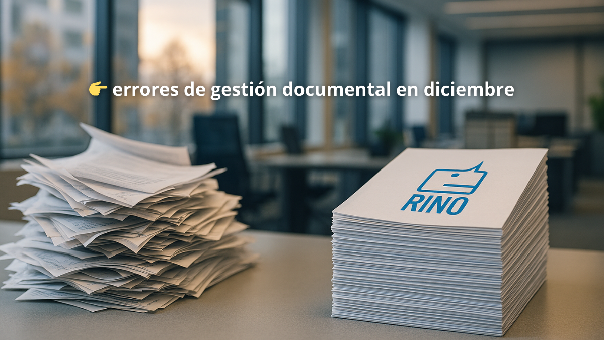 Oficina corporativa en cierre de año donde documentos desordenados pasan a un sistema organizado, representando los errores de gestión documental en diciembre y su solución con RINO.