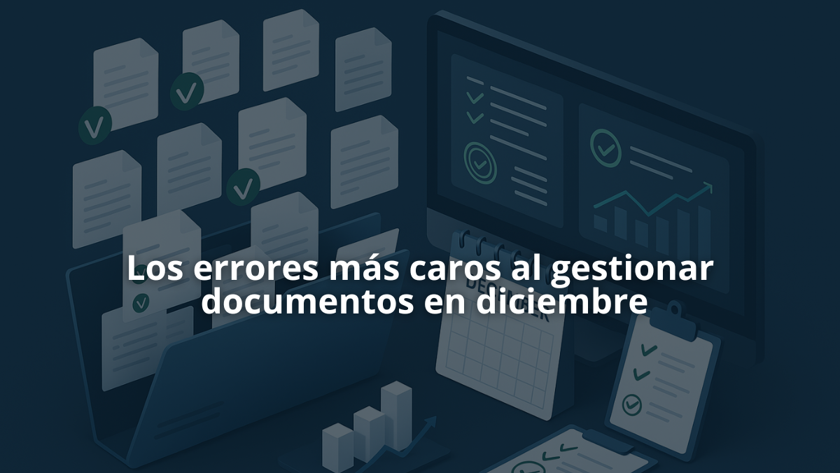 “Ilustración corporativa que muestra documentos digitales organizados en carpetas, iconos de verificación, un calendario marcando diciembre, gráficos financieros en una pantalla y checklists de auditoría, representando control y eficiencia en la gestión documental de fin de año.”
