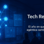 Ilustración digital horizontal con fondo tecnológico en tonos azules: una pantalla con datos y gráficos representa la gestión documental con RINO, junto al texto ‘Transformación tecnológica con RINO’ en español