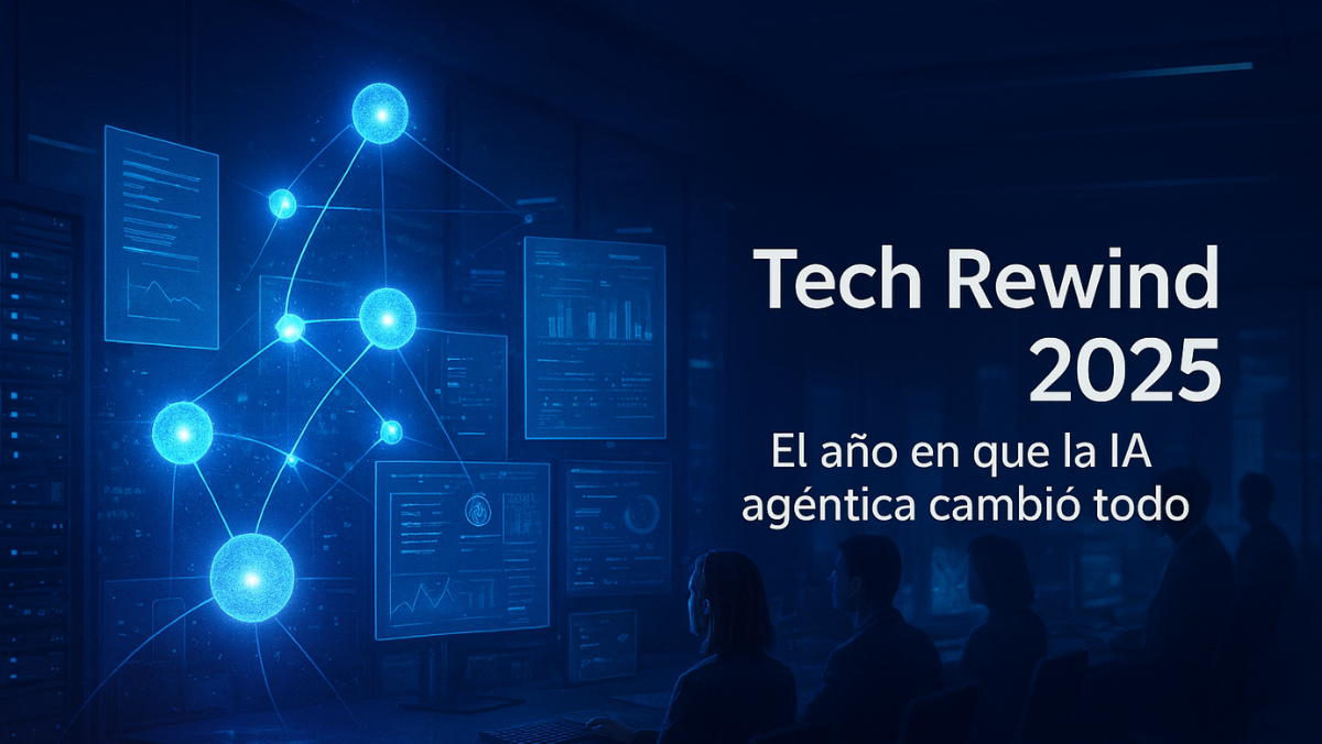 Ilustración digital horizontal con fondo tecnológico en tonos azules: una pantalla con datos y gráficos representa la gestión documental con RINO, junto al texto ‘Transformación tecnológica con RINO’ en español