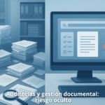 Oficina con documentos desordenados junto a un sistema digital organizado, representando la mala gestión documental en auditorías.