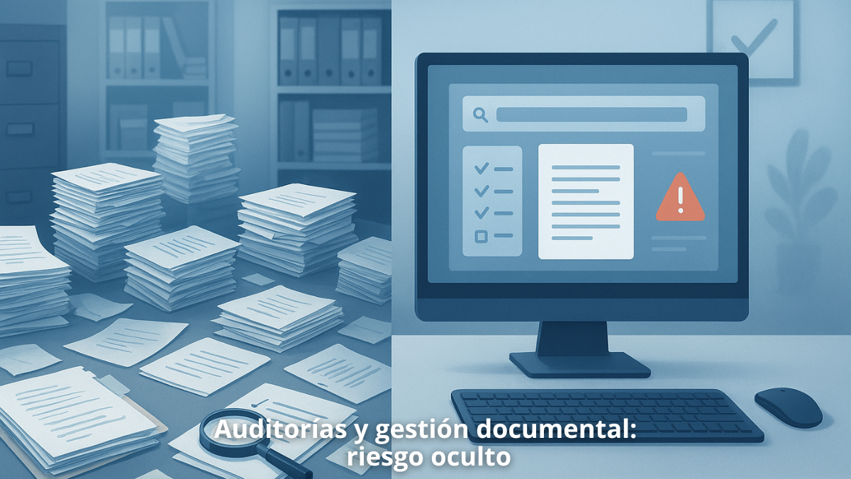 Oficina con documentos desordenados junto a un sistema digital organizado, representando la mala gestión documental en auditorías.
