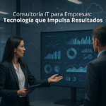 Equipo de profesionales analizando paneles de datos en una pantalla digital dentro de una oficina corporativa con elementos visuales de tecnología y redes.