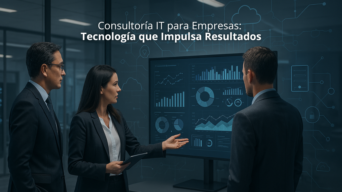 Equipo de profesionales analizando paneles de datos en una pantalla digital dentro de una oficina corporativa con elementos visuales de tecnología y redes.