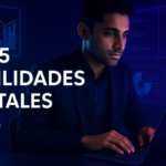 Banner futurista con un profesional trabajando en un portátil, rodeado de hologramas digitales que muestran gráficos de analítica, paneles de datos, código y un cerebro tecnológico que representa inteligencia artificial, en tonos azul y púrpura neón.