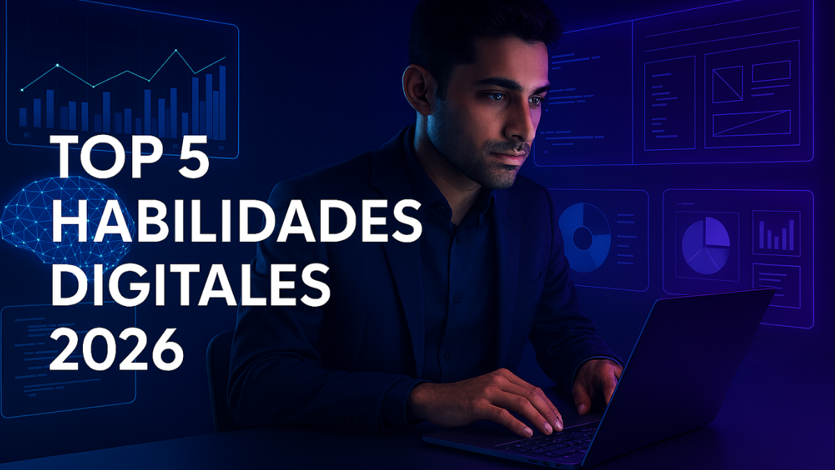 Banner futurista con un profesional trabajando en un portátil, rodeado de hologramas digitales que muestran gráficos de analítica, paneles de datos, código y un cerebro tecnológico que representa inteligencia artificial, en tonos azul y púrpura neón.