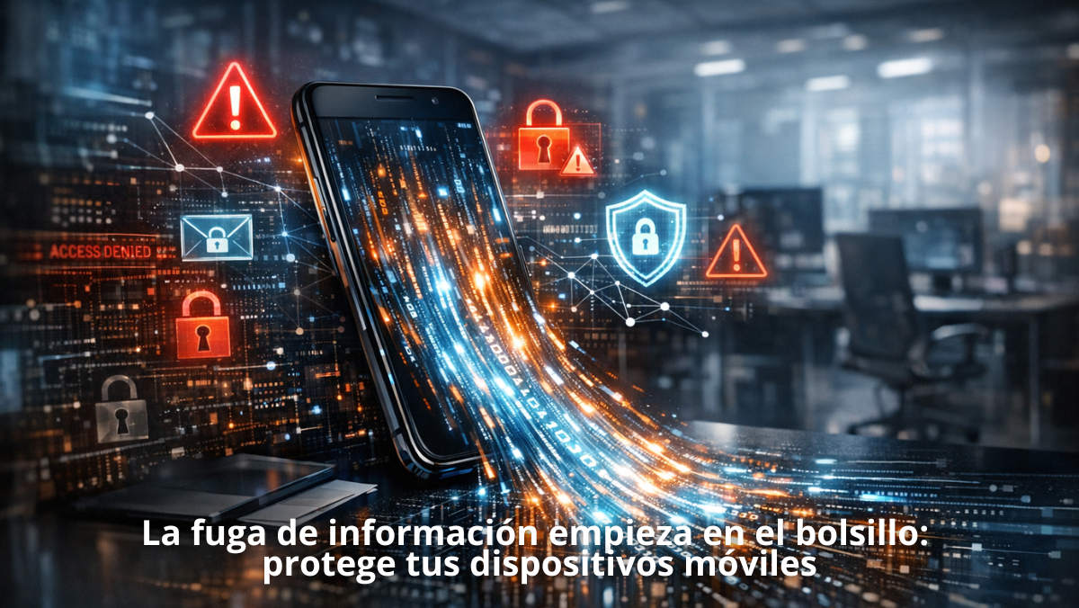 Celular filtrando información de una empresa hacia una red digital, representando un riesgo de ciberseguridad móvil empresarial.