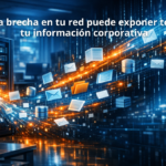 Visualización de ciberseguridad que muestra datos corporativos escapando digitalmente desde un servidor en una oficina, representando una fuga de información empresarial