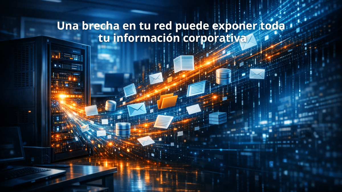 Visualización de ciberseguridad que muestra datos corporativos escapando digitalmente desde un servidor en una oficina, representando una fuga de información empresarial