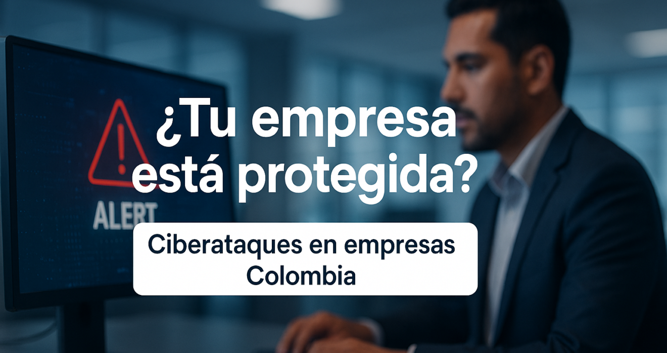 Ciberataques en empresas Colombia: profesional revisando alerta de seguridad digital en computador en oficina corporativa