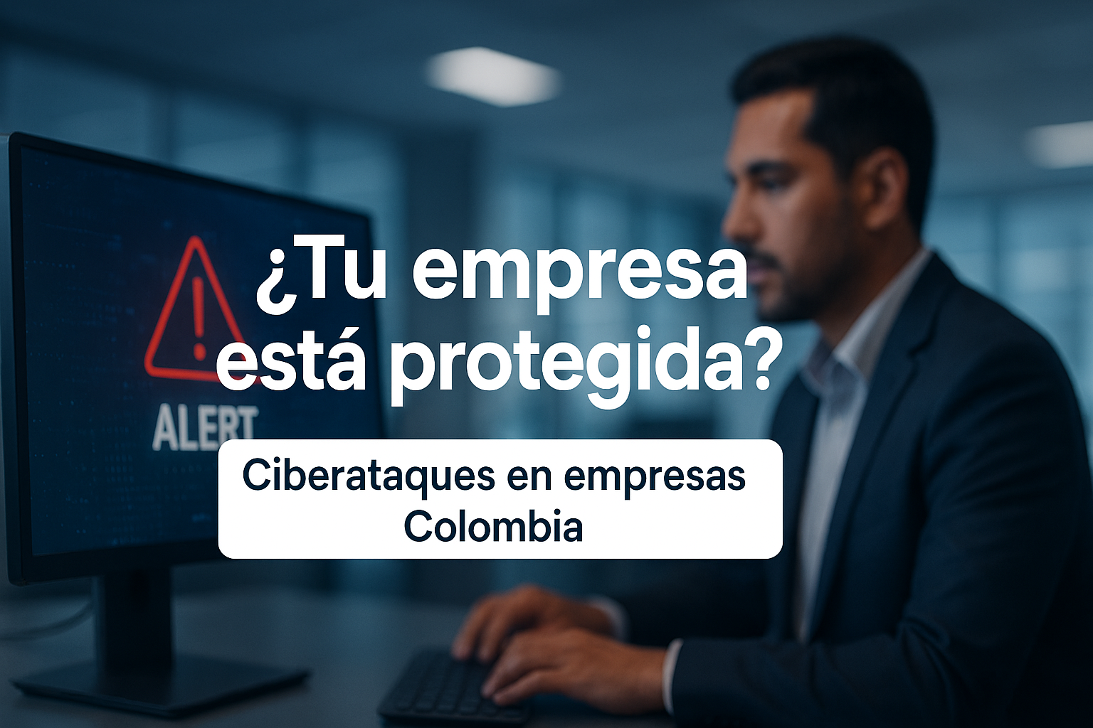 Ciberataques en empresas Colombia: profesional revisando alerta de seguridad digital en computador en oficina corporativa