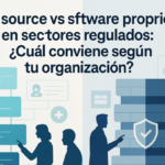 Ilustración editorial en formato hero banner que compara open source y software propietario en sectores regulados. Composición dividida: a la izquierda, arquitectura modular y abierta con diagramas transparentes; a la derecha, plataformas estructuradas y seguras. Profesionales colaboran frente a sistemas digitales en un entorno corporativo moderno.