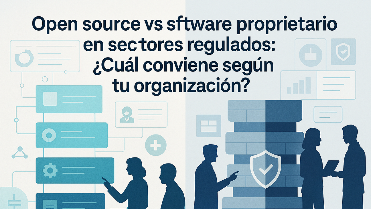 Ilustración editorial en formato hero banner que compara open source y software propietario en sectores regulados. Composición dividida: a la izquierda, arquitectura modular y abierta con diagramas transparentes; a la derecha, plataformas estructuradas y seguras. Profesionales colaboran frente a sistemas digitales en un entorno corporativo moderno.