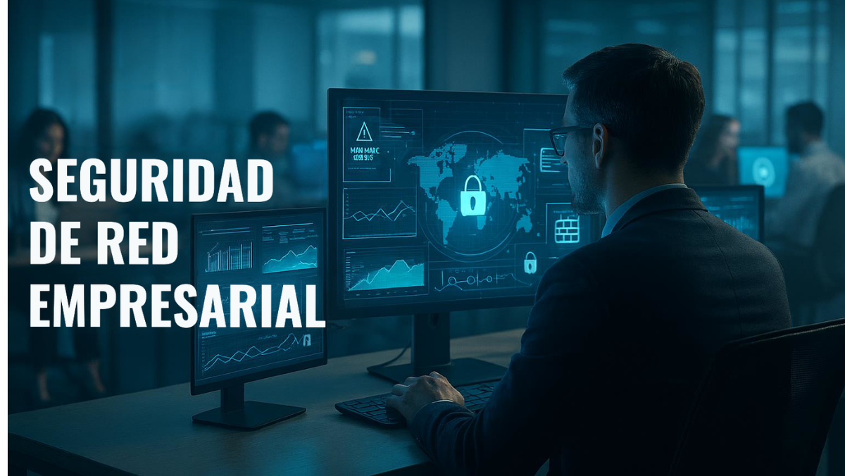 Analista de ciberseguridad monitoreando el tráfico de una red empresarial en múltiples pantallas mientras se detectan riesgos como malware, streaming y uso inadecuado de la red corporativa.