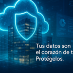 Infraestructura tecnológica empresarial protegida por una nube digital futurista que simboliza seguridad y backup de datos, con servidores, conexiones holográficas y una frase en español sobre la protección de la información empresarial.