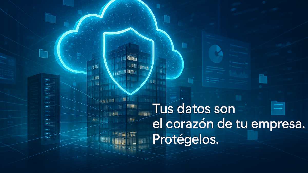 Infraestructura tecnológica empresarial protegida por una nube digital futurista que simboliza seguridad y backup de datos, con servidores, conexiones holográficas y una frase en español sobre la protección de la información empresarial.
