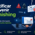 Ilustración de ciberseguridad mostrando prevención del phishing con un usuario frente a un computador y elementos de fraude digital como correos sospechosos y alertas de seguridad