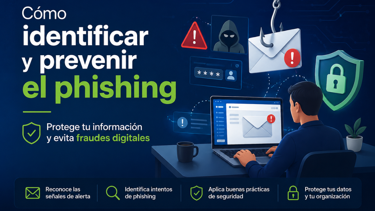 Ilustración de ciberseguridad mostrando prevención del phishing con un usuario frente a un computador y elementos de fraude digital como correos sospechosos y alertas de seguridad